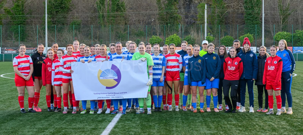 Morton Women Football Team support the campaign at the Scottish Cup match against Bonnyrigg on Sunday, the 8th of December 2024